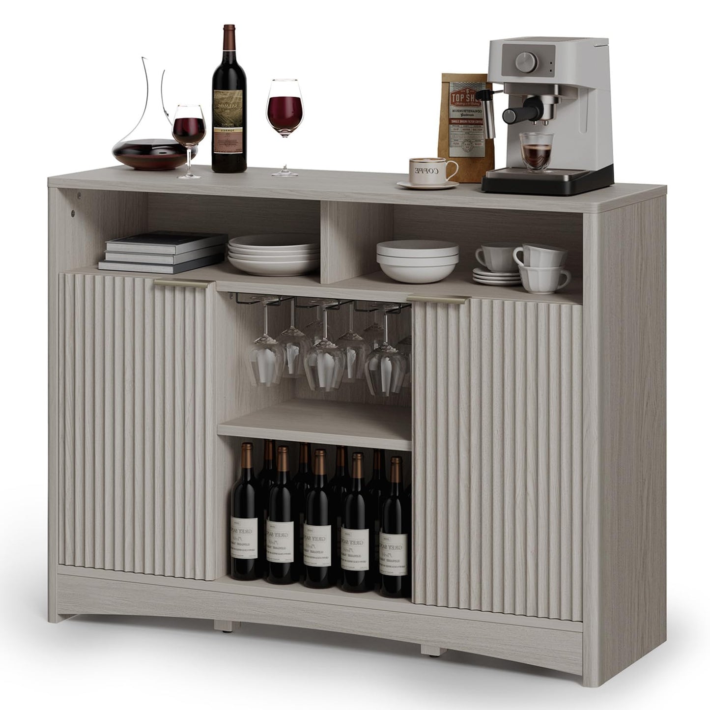 Coffee Bar Cabinet with Wine Glass Rack, 47" Buffet Sideboard with Adjustable Shelves and Soft-Close Hinges, Holds 200 lbs, Grey