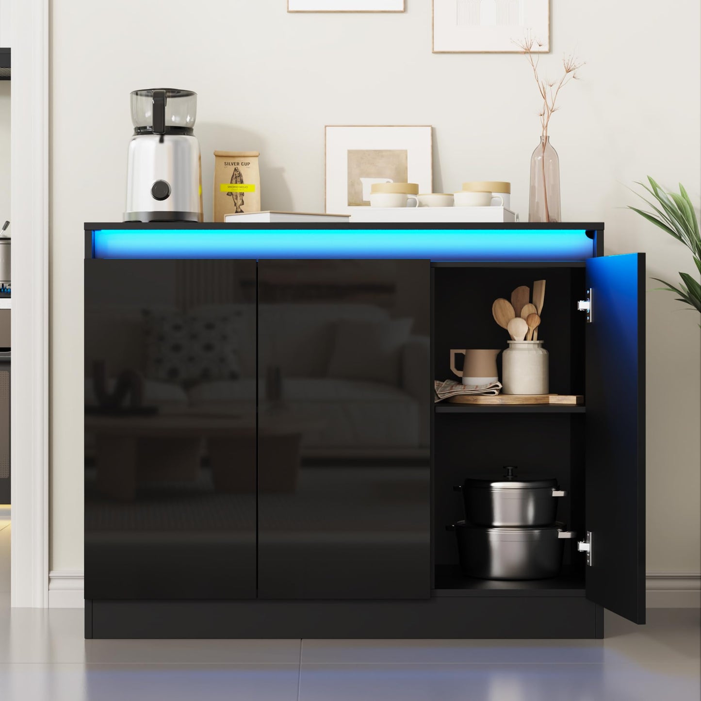 High Gloss Buffet Cabinet with LED Lights and Charging Station, Modern Handleless Sideboard Coffee Bar with 3 Doors for Living Room or Entryway, Black