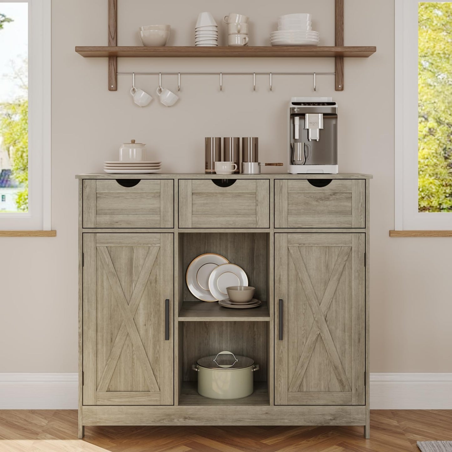 Storage Cabinet with 2 Doors, 3 Drawers, and 2 Adjustable Shelves, Coffee Bar Sideboard for Bathroom, Kitchen, or Living Room, Gray