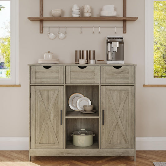 Storage Cabinet with 2 Doors, 3 Drawers, and 2 Adjustable Shelves, Coffee Bar Sideboard for Bathroom, Kitchen, or Living Room, Gray
