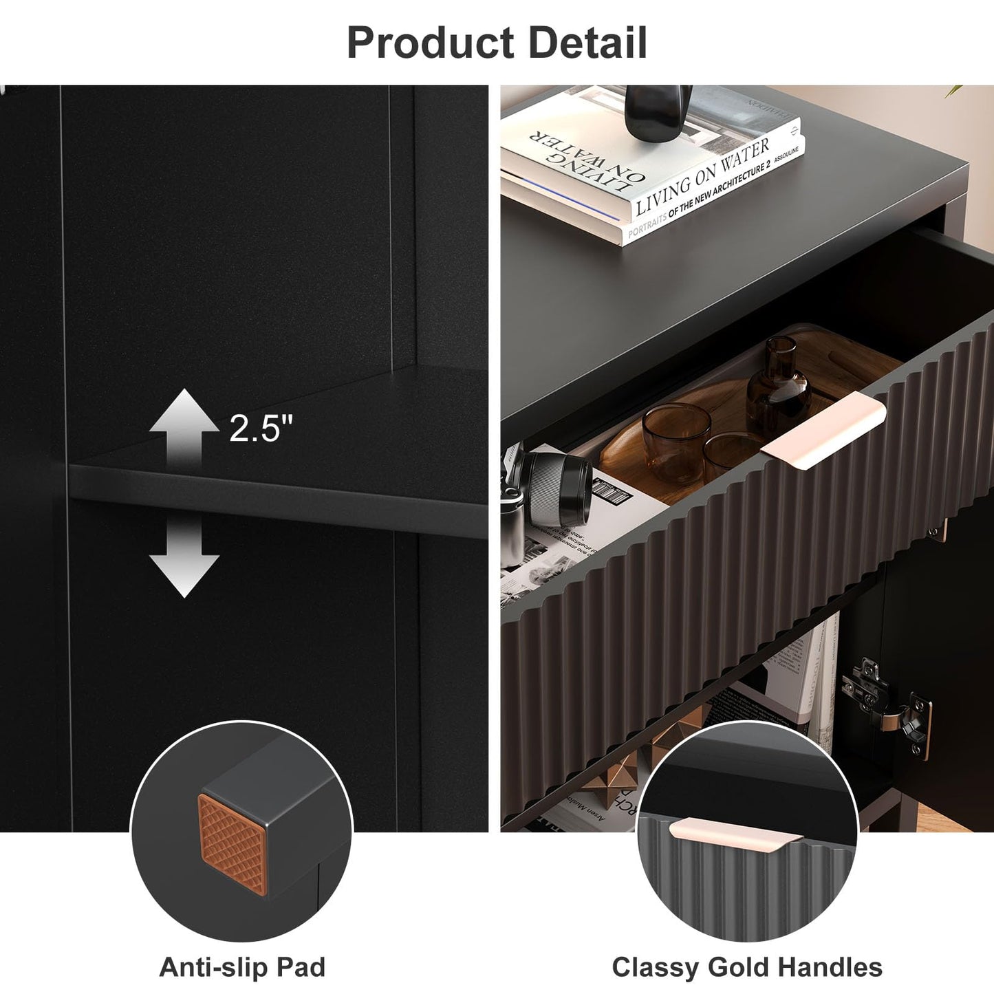 Fluted Storage Cabinet, Sideboard Buffet with Storage, 2 Door 1 Drawer Adjustable Shelf, Accent Cabinet, Console Tables, Credenzas for Living Room, Entryway Table Black