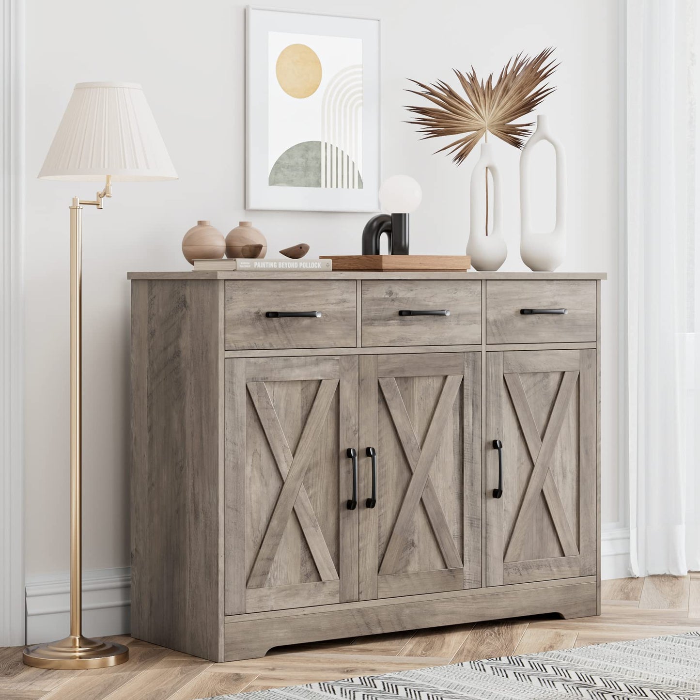 **HOSTACK Modern Farmhouse Buffet Sideboard Cabinet with Barn Doors, Drawers, and Shelves, Wood Coffee Bar Storage Cabinet for Dining Room, Kitchen, or Living Room, Ash Grey**