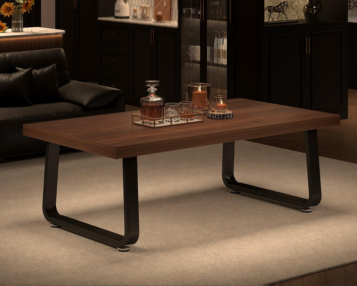 HSH 47" Rustic Walnut Coffee Table – Modern Industrial Rectangle Center Table, Farmhouse Wood and Metal Coffee Table for Living Room, Bedroom, or Office