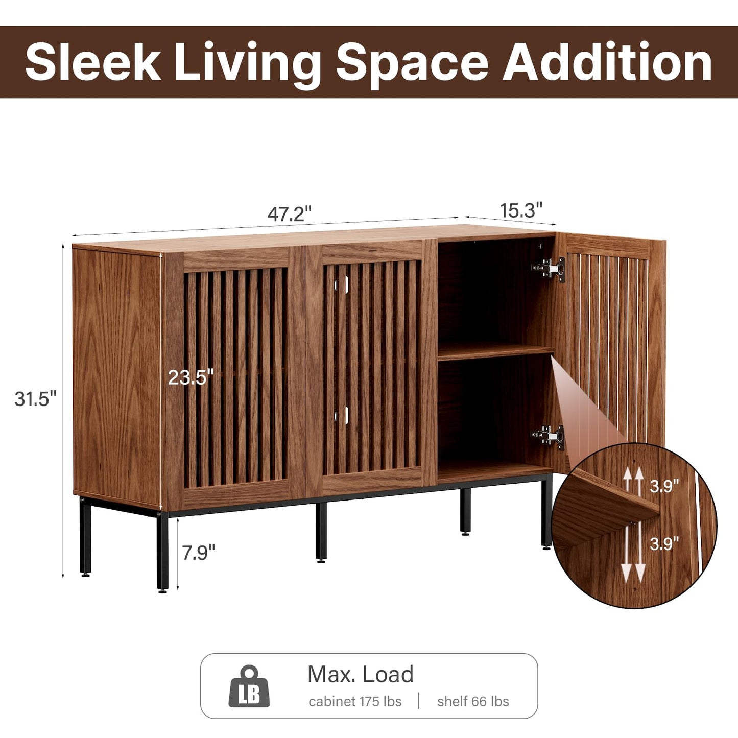 **47" Buffet Cabinet, Modern Credenza Storage Cabinet with Adjustable Shelves and Metal Base, Wood Multifunctional Console Table for Kitchen, Living Room, and Entryway, Brown**