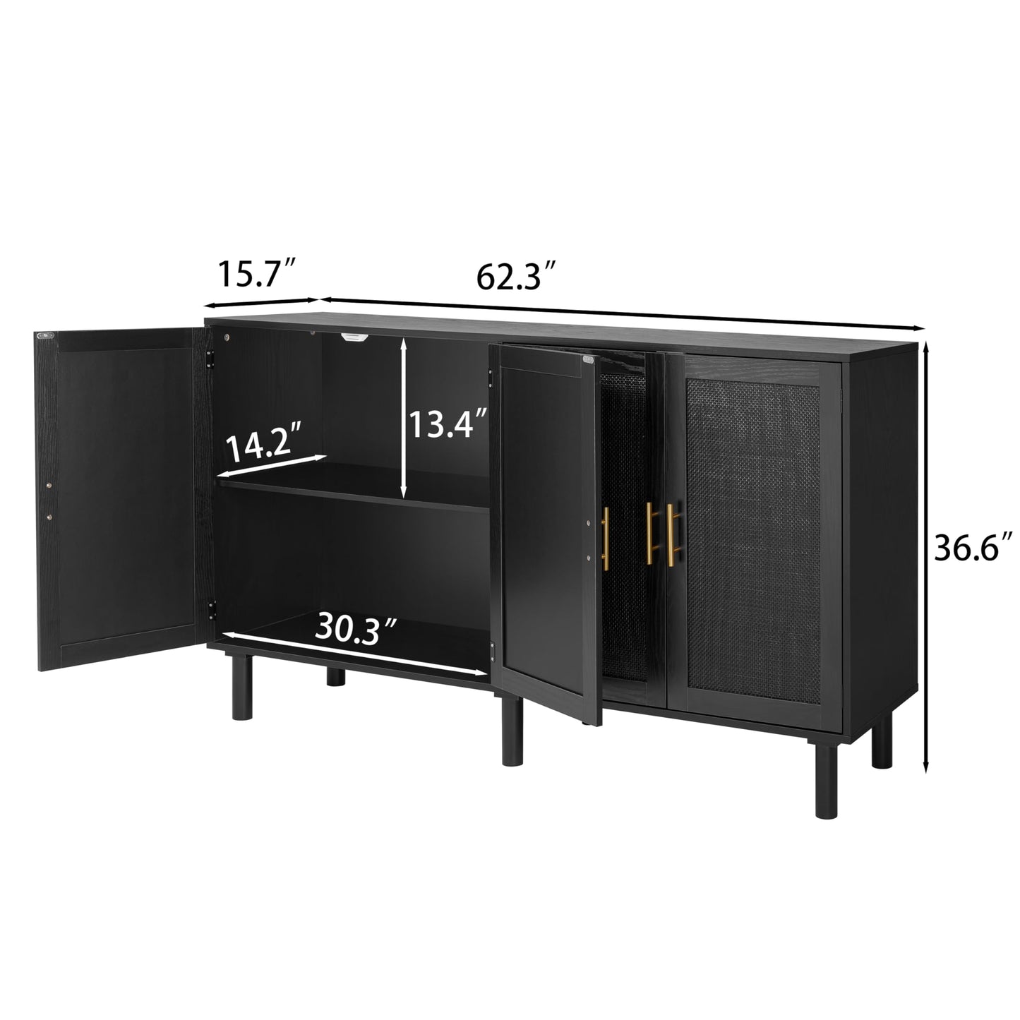4-Door Sideboard Buffet Cabinet with Black Painted Rattan Doors, Boho Kitchen Storage Console Table and Liquor Cabinet, 62.3" x 15.7" x 34.6", Full Black