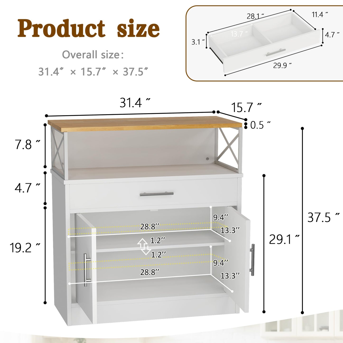 31" Modern Sideboard Buffet Cabinet with Adjustable Shelf, Wood Farmhouse Coffee Bar Storage for Kitchen or Dining Room, White
