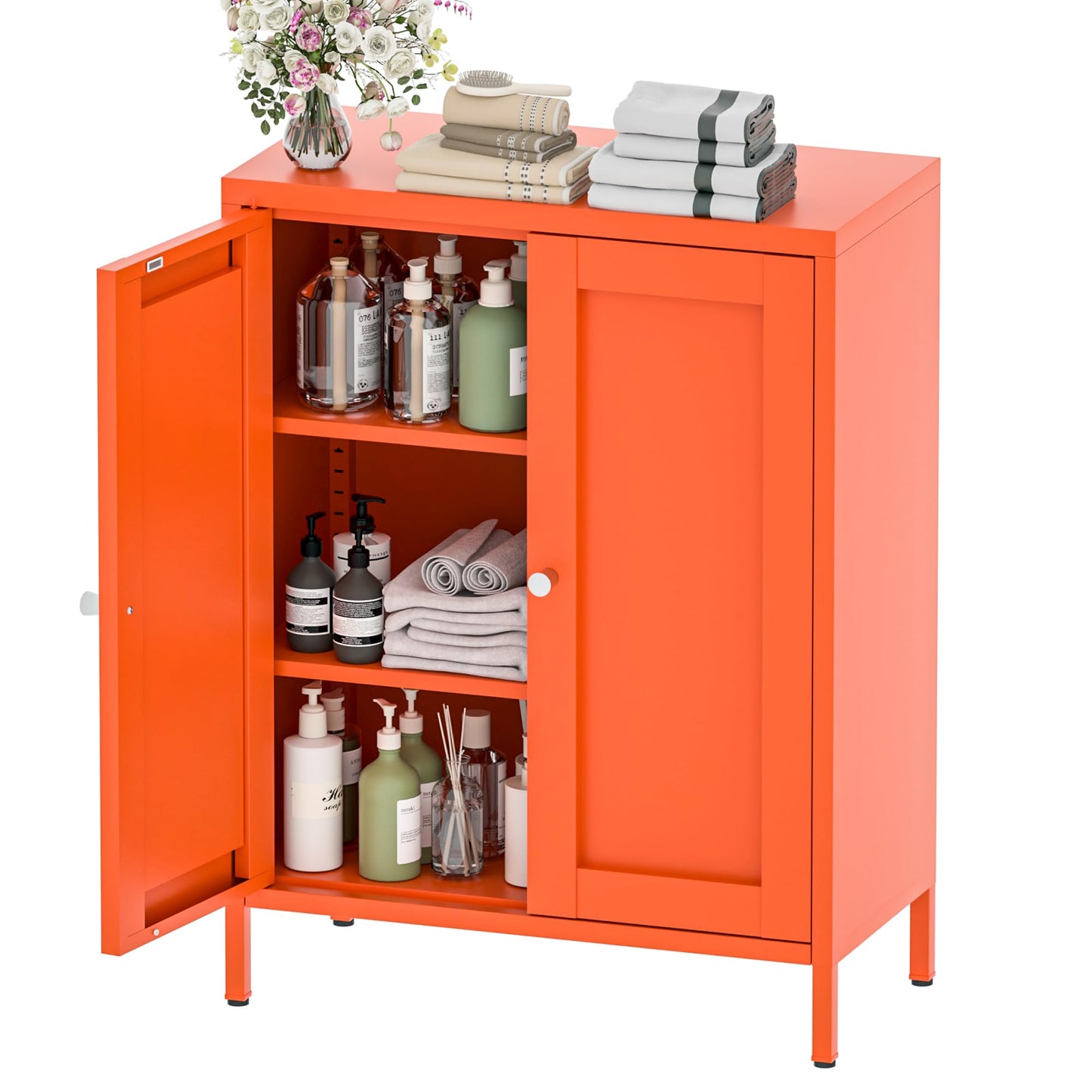 Metal Bathroom Storage Cabinet with 2 Doors and 2 Adjustable Shelves, Freestanding Sideboard for Small Spaces, Living Room or Dining Room, Orange