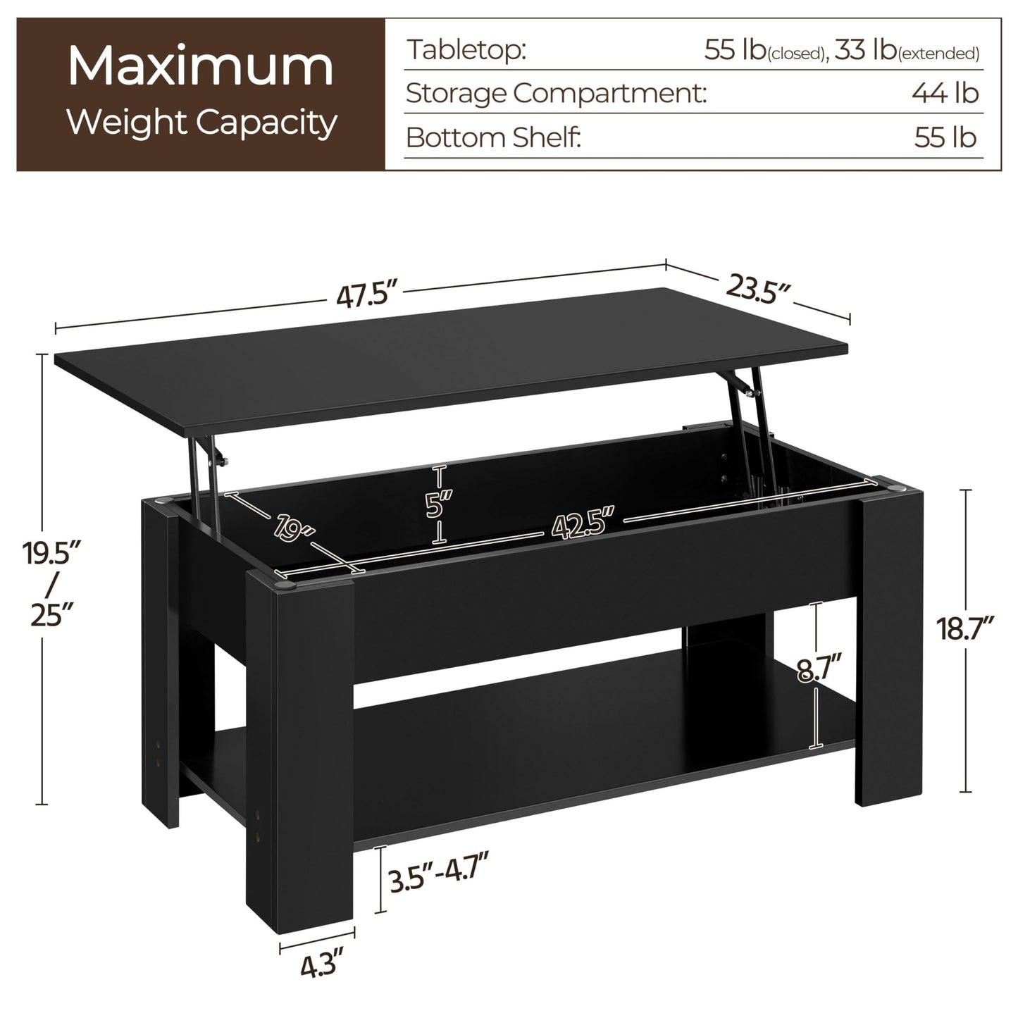 Yaheetech 47.5" Lift Top Coffee Table with Hidden Compartment & Storage Shelf – Rising Tabletop Convertible Dining Table for Living Room or Reception, Black