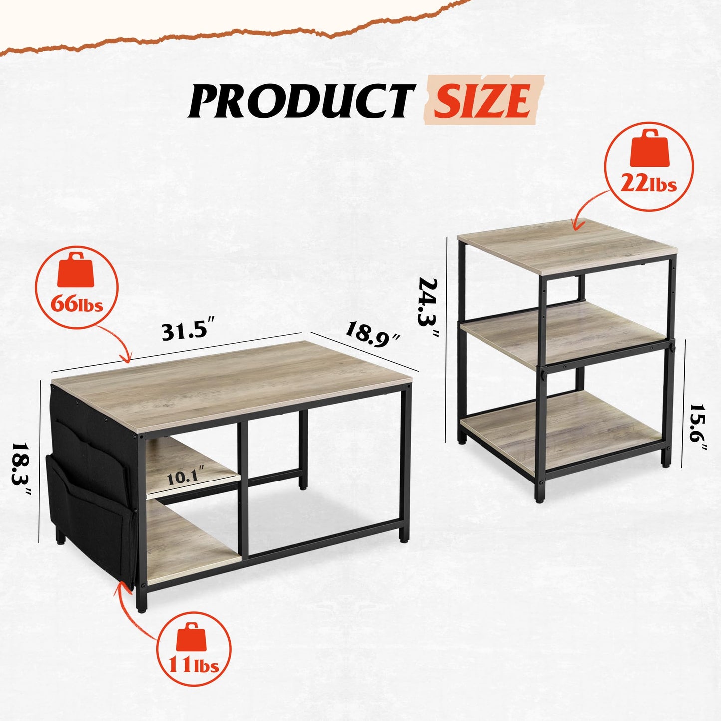 WLIVE Adjustable Coffee Table Set of 2 – Small End Tables for Living Room or Bedroom, Grey