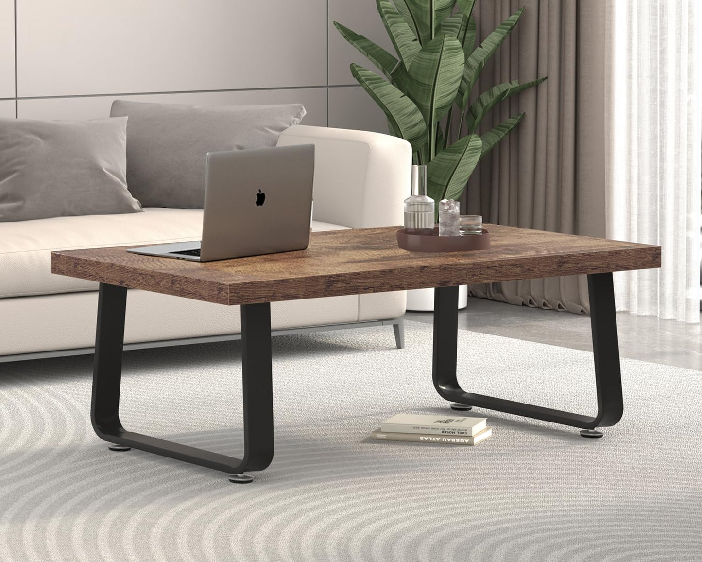 HSH 47" Rustic Brown Wooden Coffee Table – Industrial Rectangle Center Table, Modern Minimalist Farmhouse Wood and Metal Coffee Table for Living Room, Bedroom, or Home Office