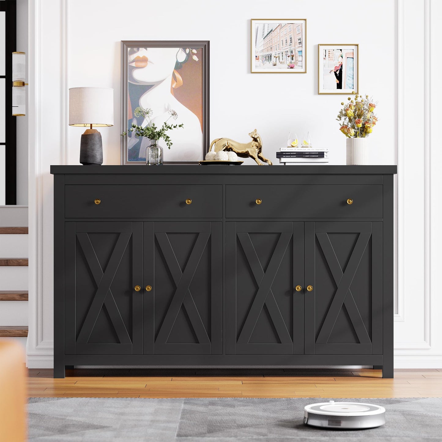 55" Large Sideboard Buffet Cabinet with 2 Drawers and 4 Doors, Wood Storage Buffet Table for Kitchen or Dining Room, Black