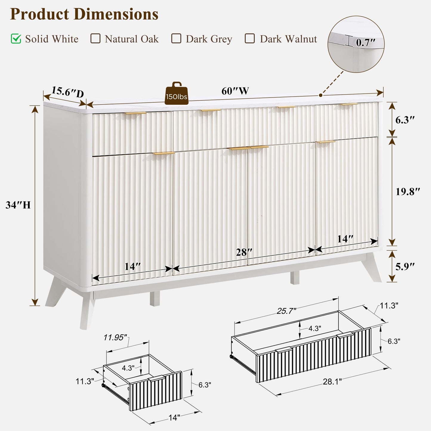 **T4TREAM 60" Fluted Modern Buffet Sideboard Cabinet with Storage, Large Buffet Table with 3 Drawers & 4 Doors for Dining Room, Living Room, or Hallway, Solid White**
