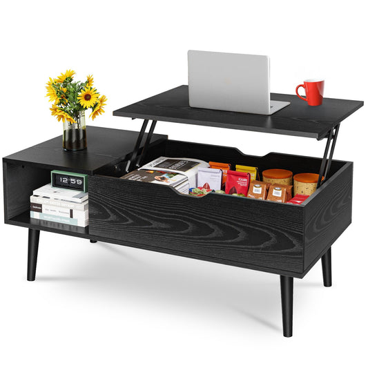 OLIXIS Wood Lift Top Coffee Table – Hidden Compartment & Large Storage Shelf, Convertible Dining Center Table for Living Room or Office, Black