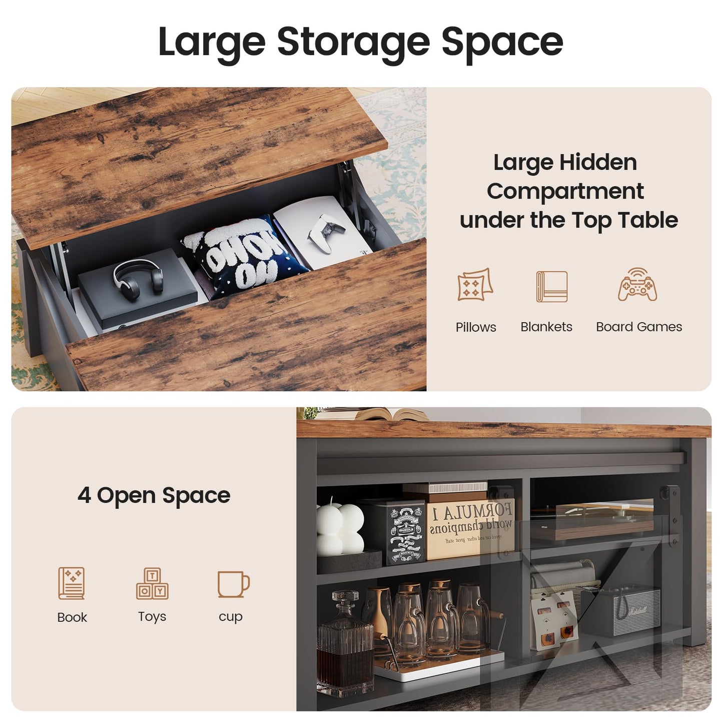 SEDETA 31.5" Lift Top Square Coffee Table with Storage – Farmhouse Living Room Table with Large Hidden Compartment, Adjustable Shelves & Modern Black Finish