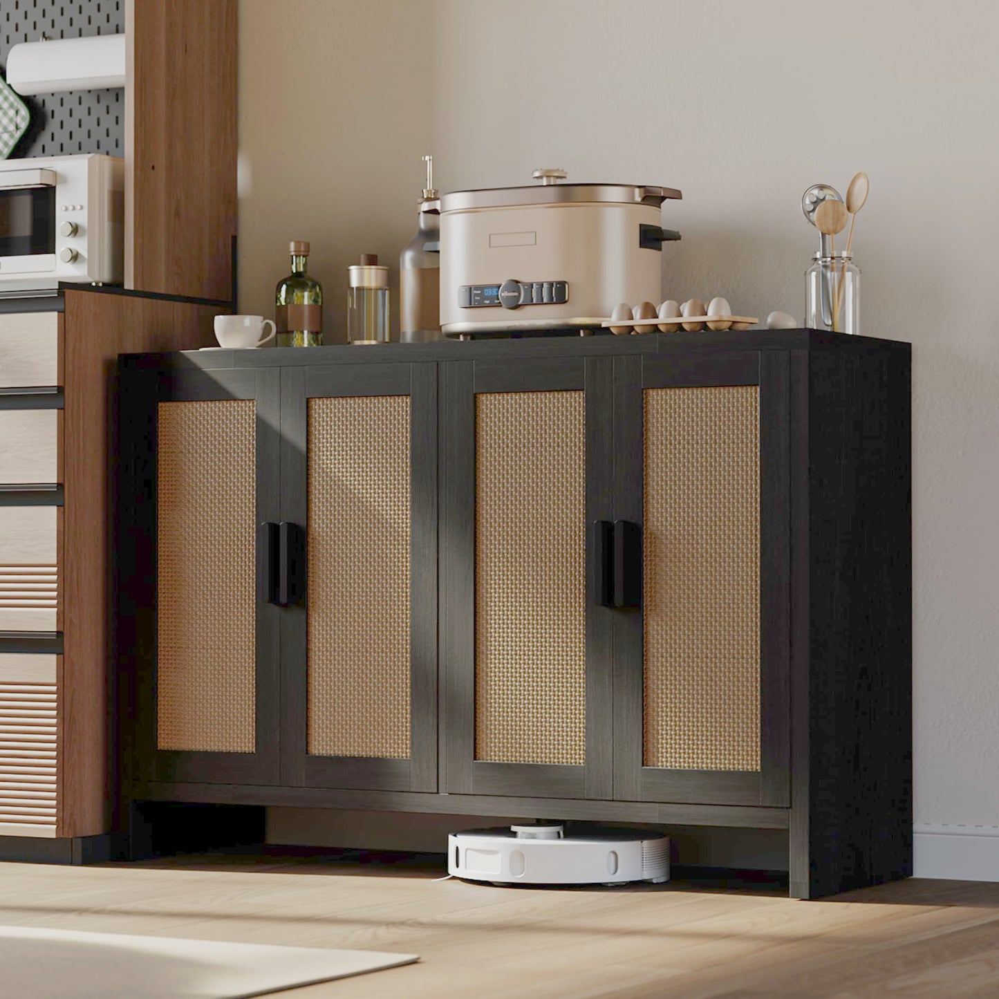 **Rattan Buffet Cabinet with Storage, Sideboard with Doors, TV Stand, Farmhouse Coffee Bar, Modern Wood Storage Cabinet for Living Room, Kitchen, or Dining Room, Black**