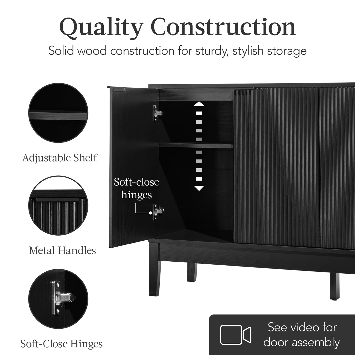 Modern 55" 4-Door Sideboard Storage Cabinet with Reed Panels and Adjustable Shelves, Buffet Media Cabinet for Entryway or Living Room, Black