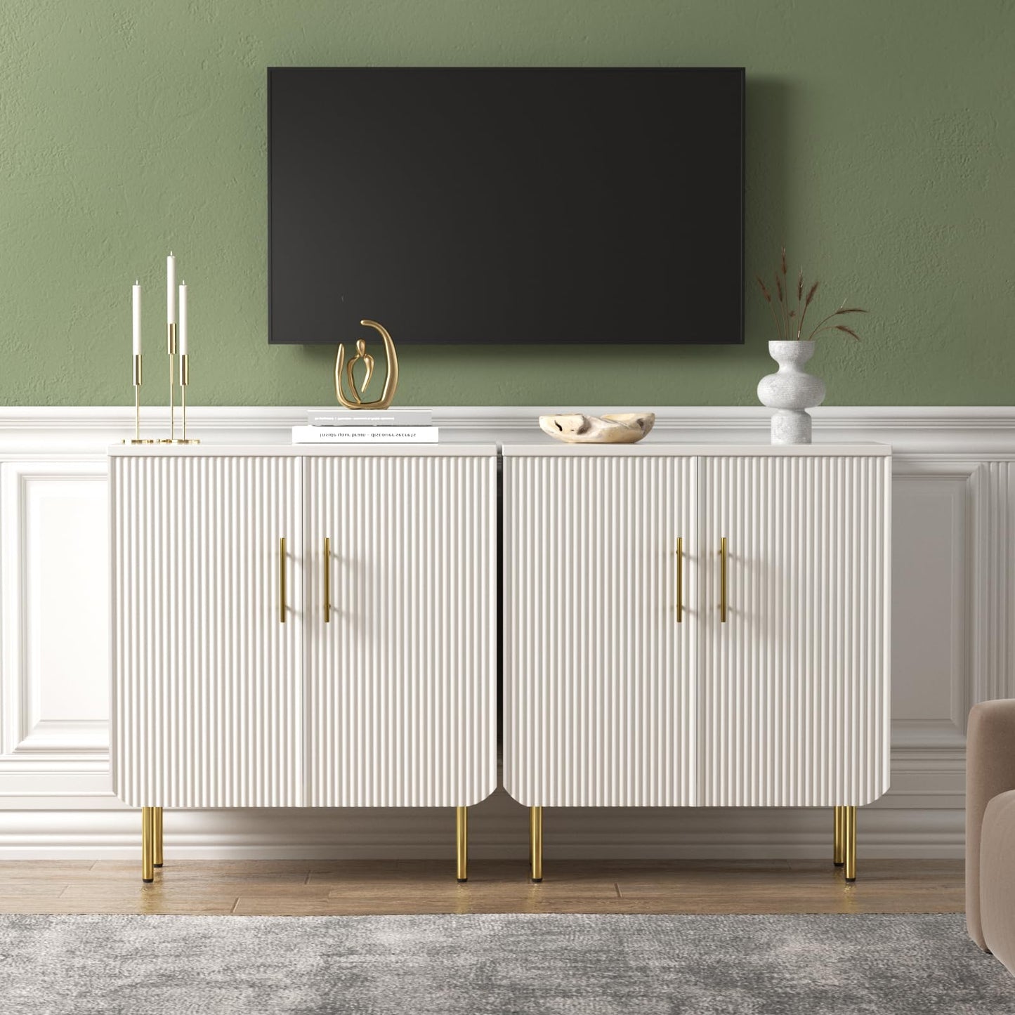 Buffet Cabinet with 2 Doors and Adjustable Shelf, Fluted Modern Sideboard Accent Cabinet for Living Room, White