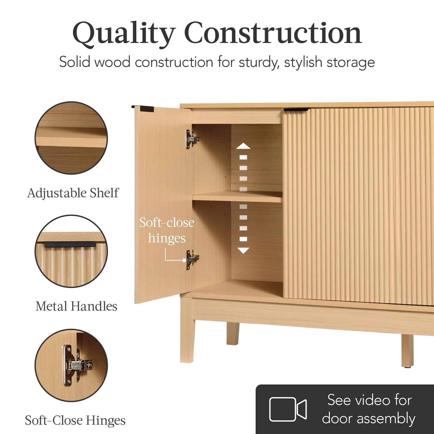 Modern 55" 4-Door Sideboard Storage Cabinet with Reed Panels and Adjustable Shelves, Buffet Media Cabinet for Entryway or Living Room, Natural