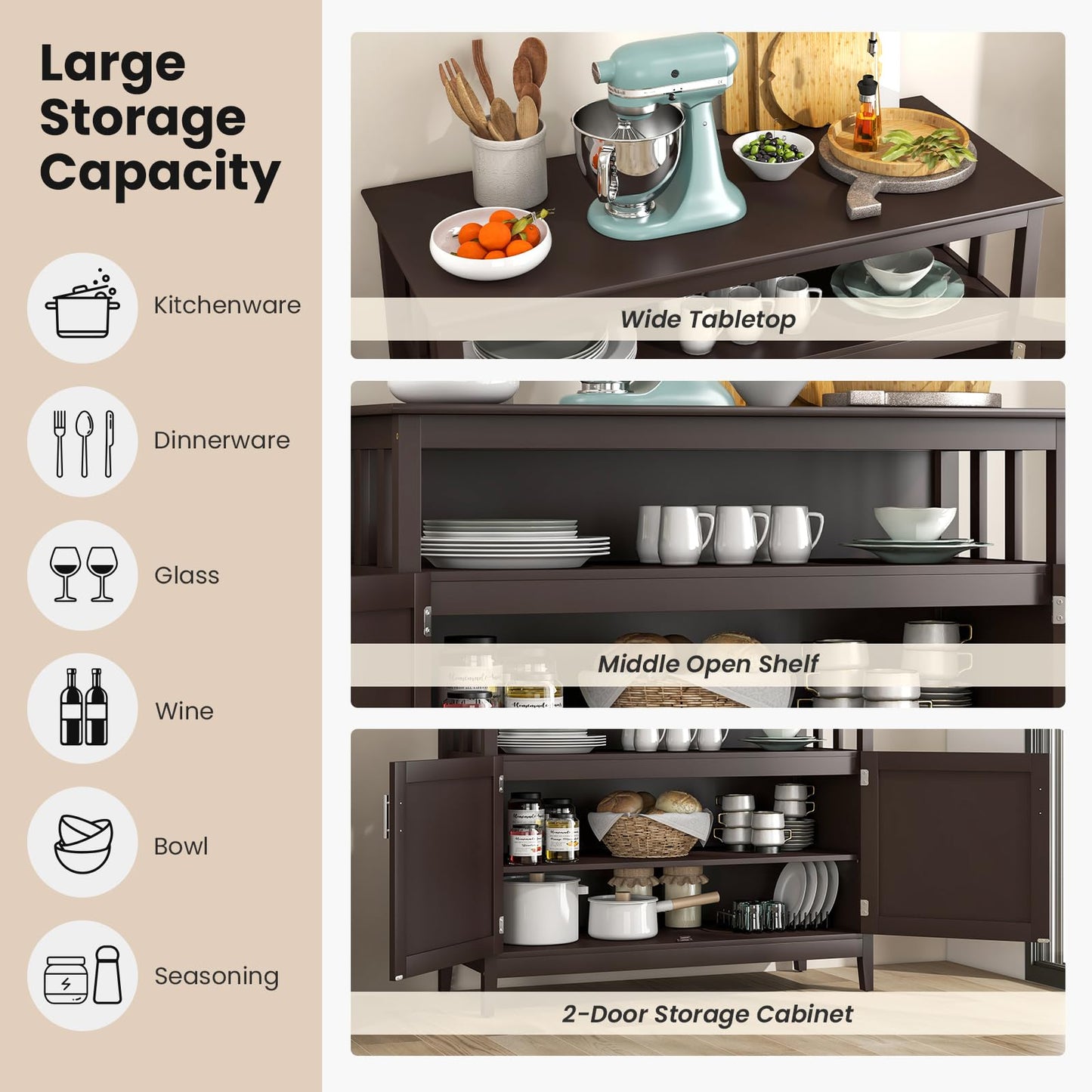 Freestanding Buffet Cabinet with Adjustable Shelf, Kitchen Storage Sideboard Console Table, 45" x 20" x 36", Brown