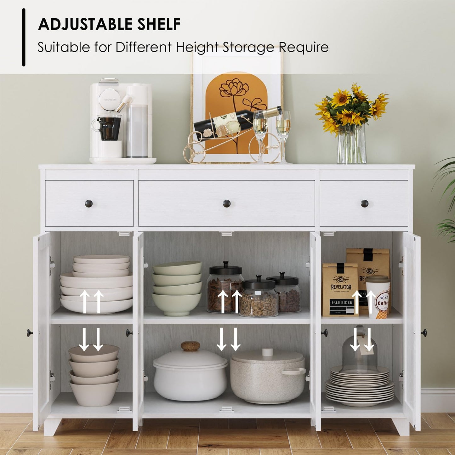 47" White Buffet Cabinet with 3 Drawers, 4 Doors, and Adjustable Shelves, Modern Coffee Bar Sideboard for Kitchen, Dining, or Living Room