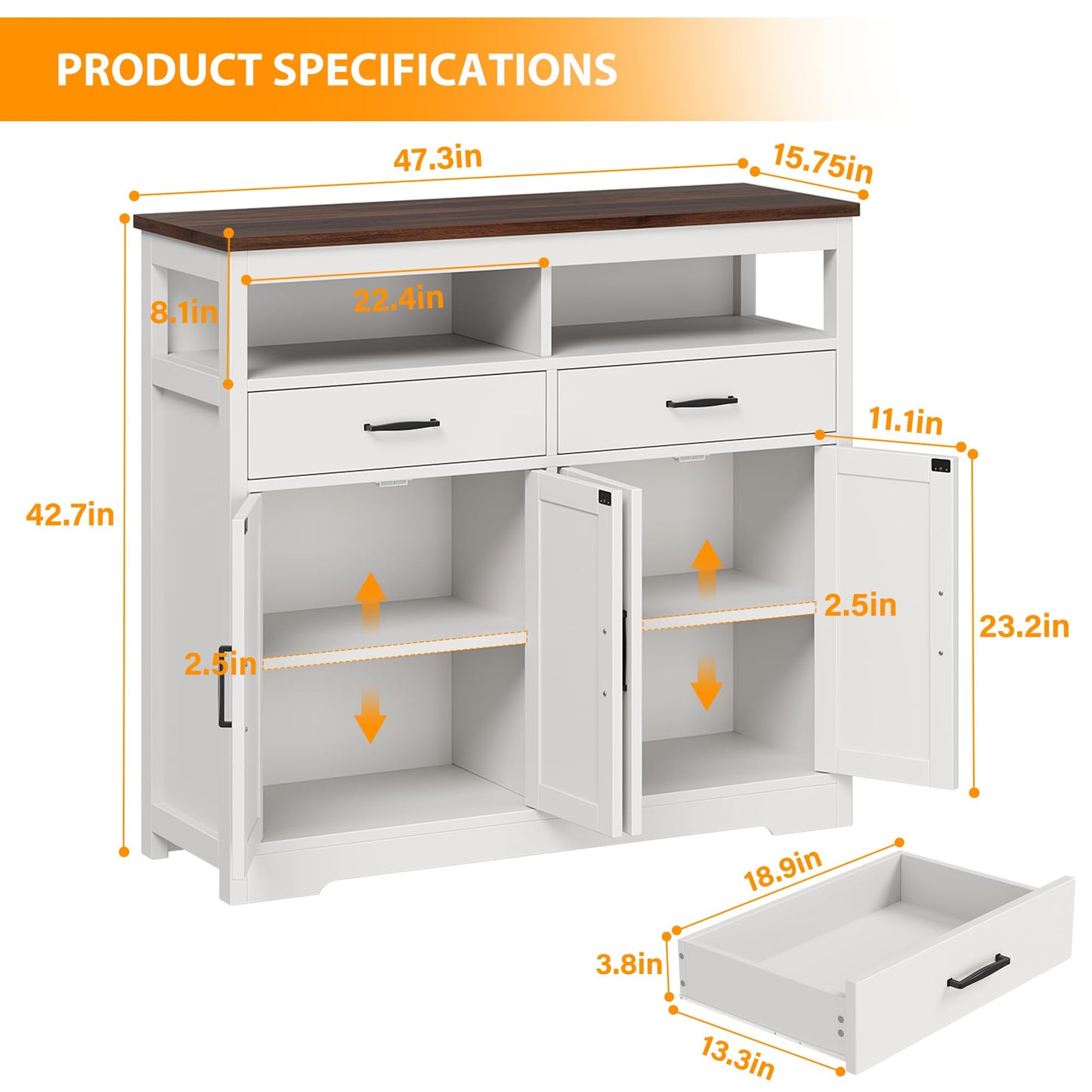 **47" Farmhouse Buffet Sideboard with Storage, 4-Door Kitchen Cabinet with Shelves, Wood Coffee Bar Cabinet for Kitchen, Dining Room, or Entryway**