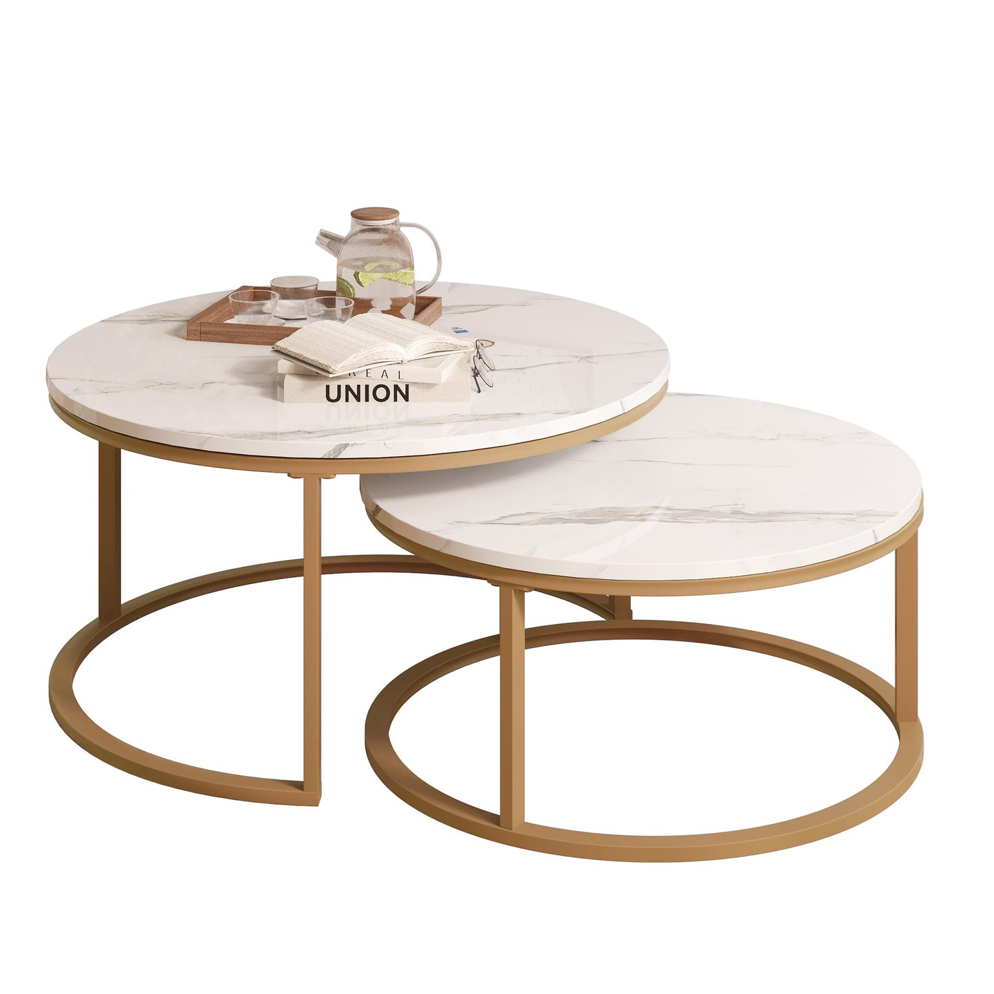 WiberWi Round Nesting Coffee Tables Set of 2 – Large Ø34", Small Ø26", Modern Gold Metal Frame Circle Tables with High Gloss Faux White Marble Top for Living Room