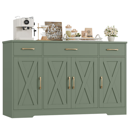 55" Large Buffet Sideboard Cabinet with Drawers, Shelves, and Doors, Modern Farmhouse Coffee Bar Station for Kitchen or Dining Room, Green