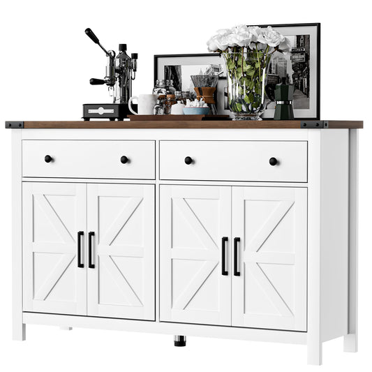 55" Modern Farmhouse Sideboard Buffet Cabinet with Storage, White Wood Coffee Bar Cabinet with 2 Drawers & 4 Barn Doors, Long Storage Cabinet for Kitchen, Dining Room & Living Room