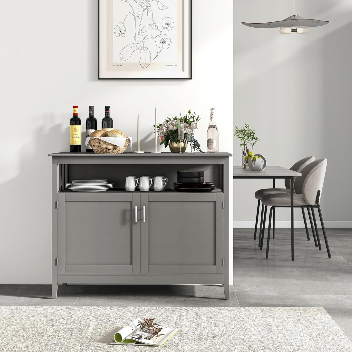 Freestanding Buffet Cabinet with Adjustable Shelf, Kitchen Storage Sideboard Console Table, 45" x 20" x 36", Grey
