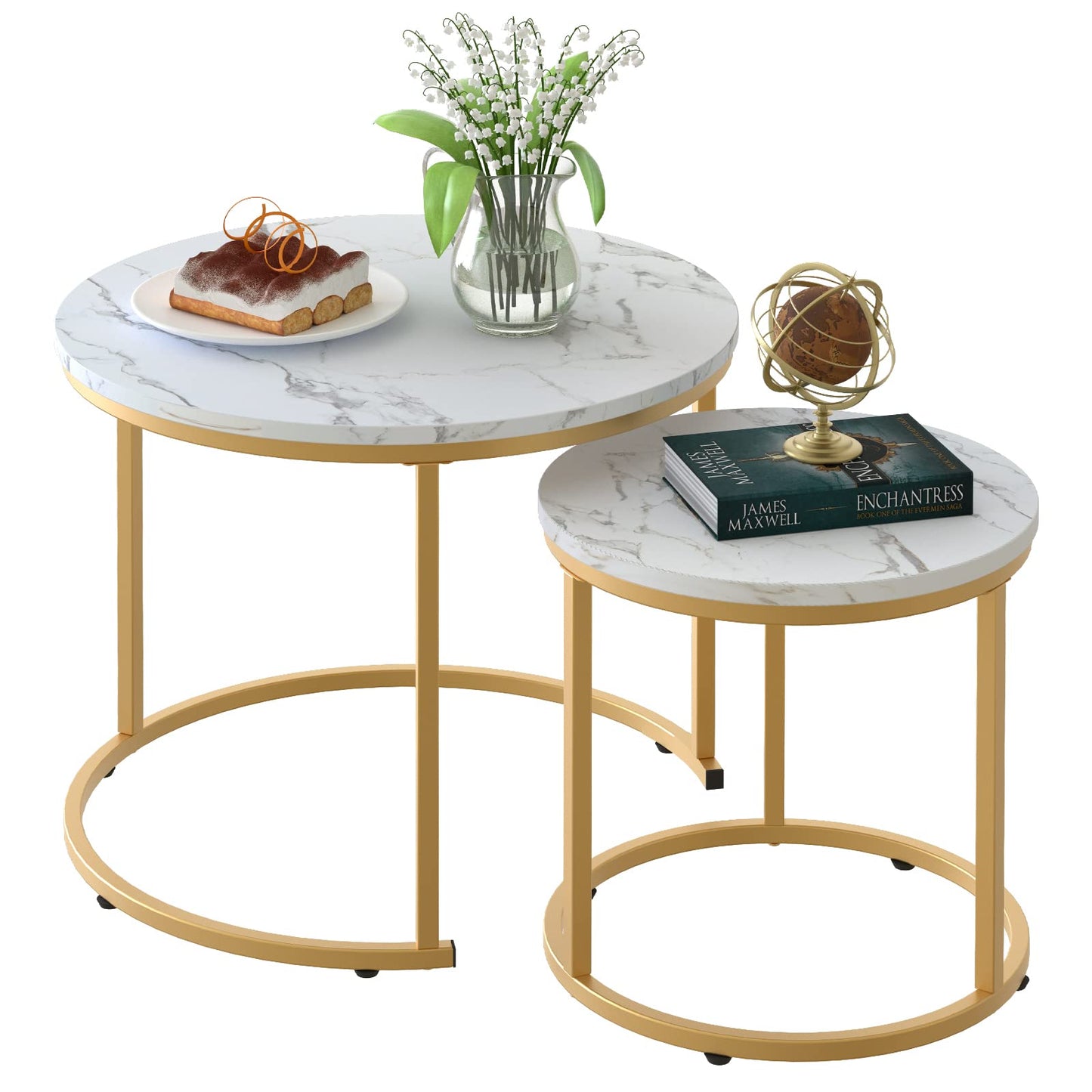 Nesting Coffee Table Set of 2, Round Marble Pattern Wooden Tables with Gold Frame for Living Room or Bedroom, White