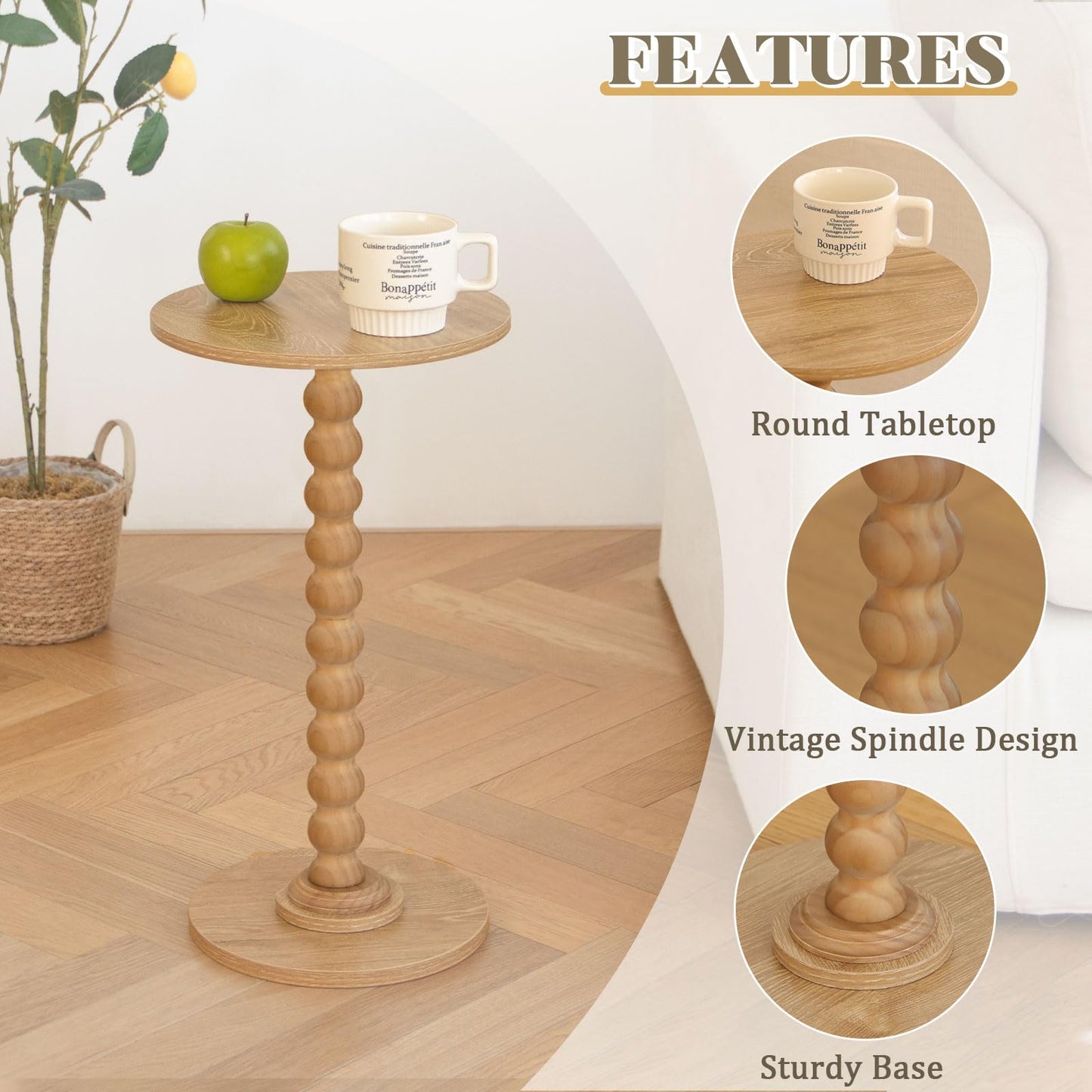 Small Round Side Table, Modern Martini Drink Table with Solid Wood Legs for Living Room, Bedroom, Office, Rustic Walnut