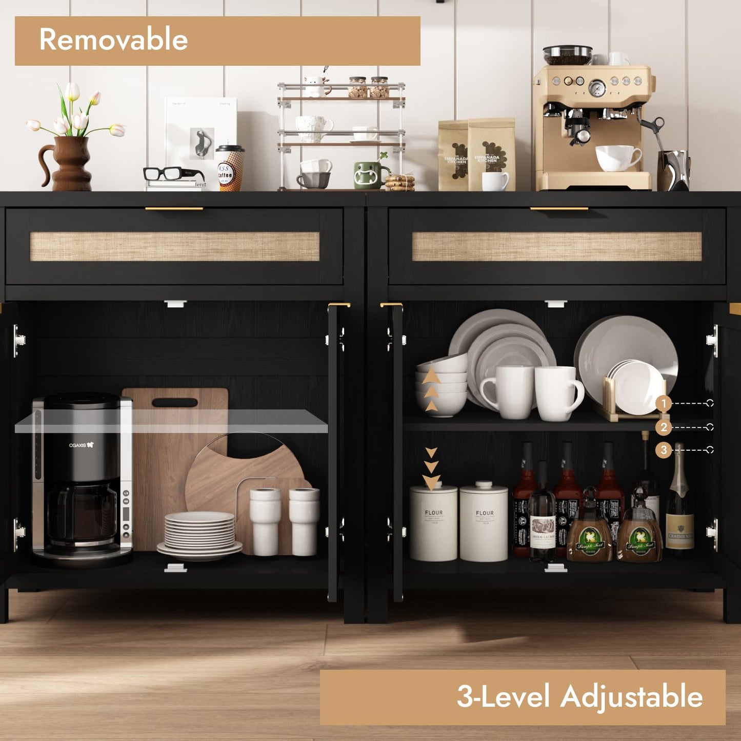 Boho Rattan Sideboard Buffet Cabinet with Doors and Drawer, Farmhouse Storage Credenza with Adjustable Shelf for Living Room, Hallway, or Kitchen, Black