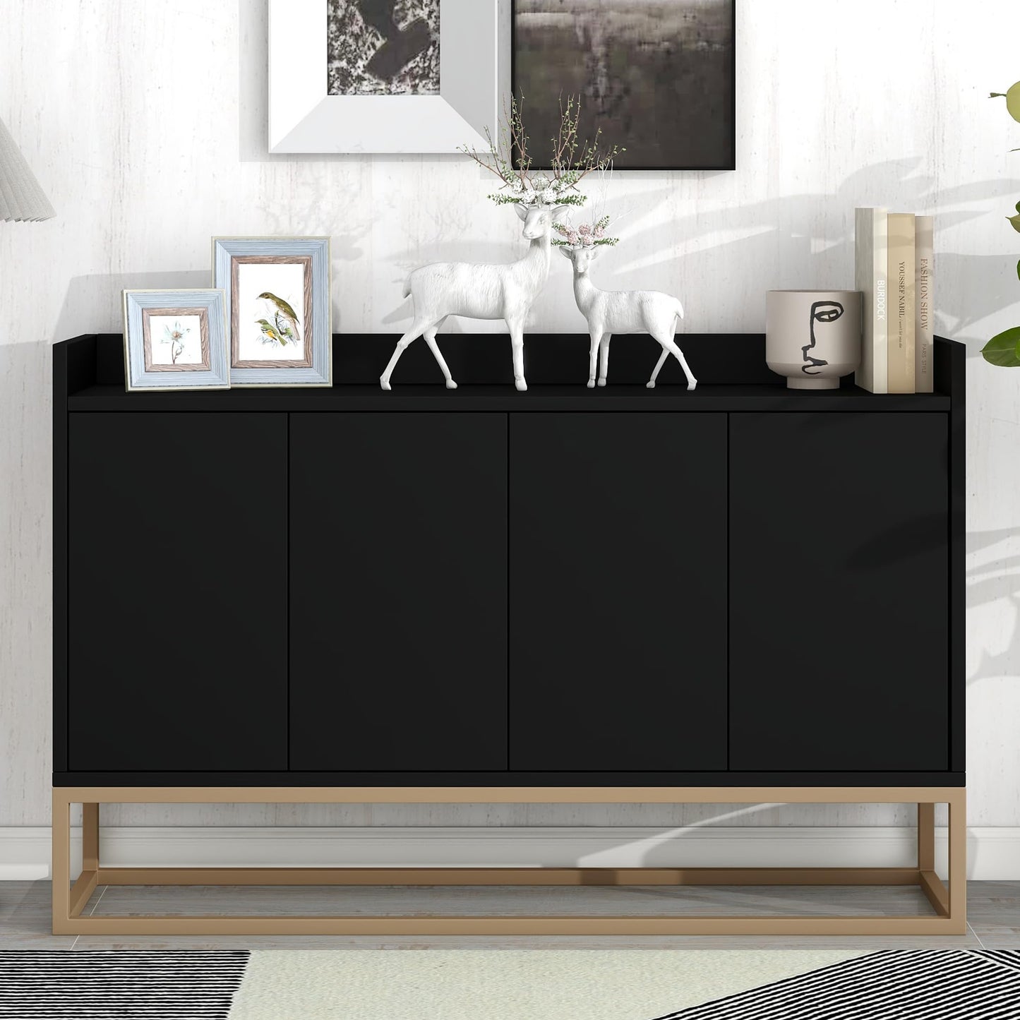 Modern Wood Sideboard Buffet Cabinet with Doors, Adjustable Shelves, and Metal Base, Kitchen Storage for Small Spaces, Black