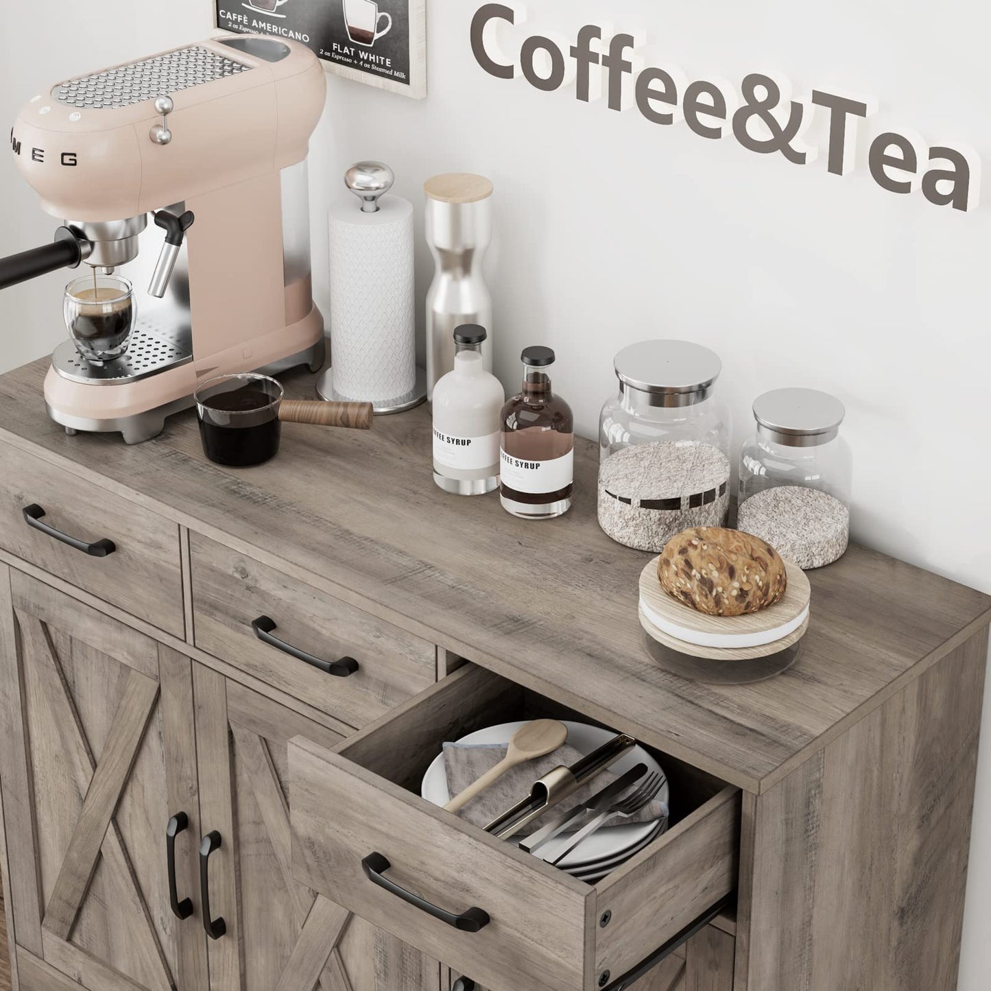 **HOSTACK Modern Farmhouse Buffet Sideboard Cabinet with Barn Doors, Drawers, and Shelves, Wood Coffee Bar Storage Cabinet for Dining Room, Kitchen, or Living Room, Ash Grey**
