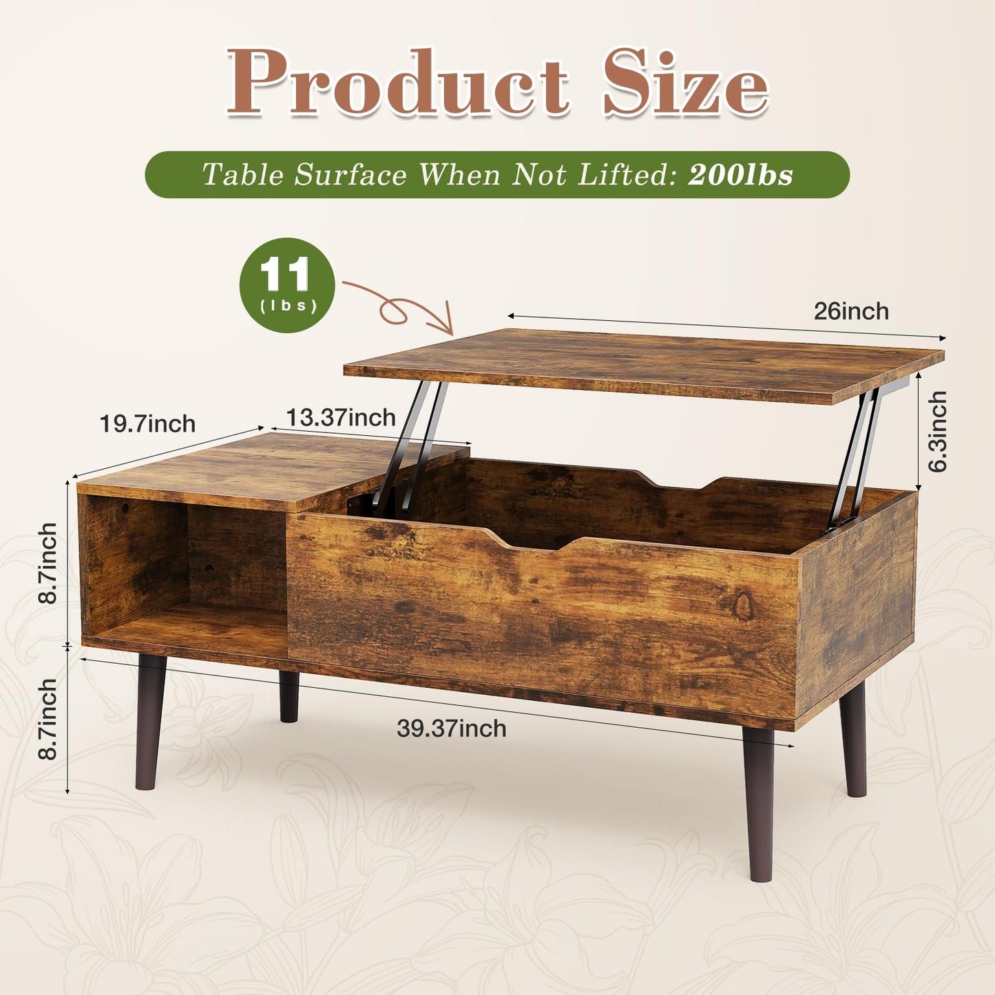 OLIXIS Rustic Wooden Lift Top Coffee Table – Hidden Compartment & Ample Storage Shelf, Convertible Dining Table for Living Room or Small Spaces