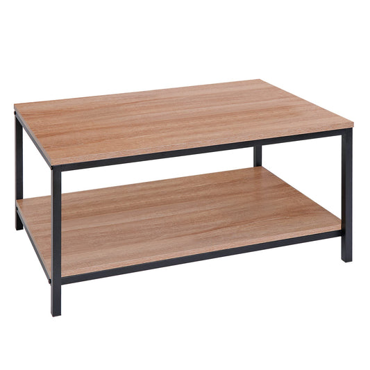 SUPER DEAL 2-Tier Industrial Coffee Table with Storage Shelf – Natural Oak Rectangle Wood and Metal Center Table for Small Apartments, Living Room, or as a TV Stand/Side End Table