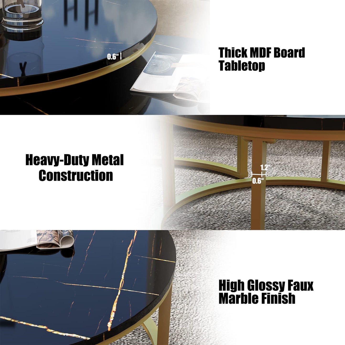WiberWi Round Nesting Coffee Tables Set of 2 – Large Ø34", Small Ø26", Modern Gold Metal Frame Circle Tables with High Gloss Faux Black Marble Top for Living Room
