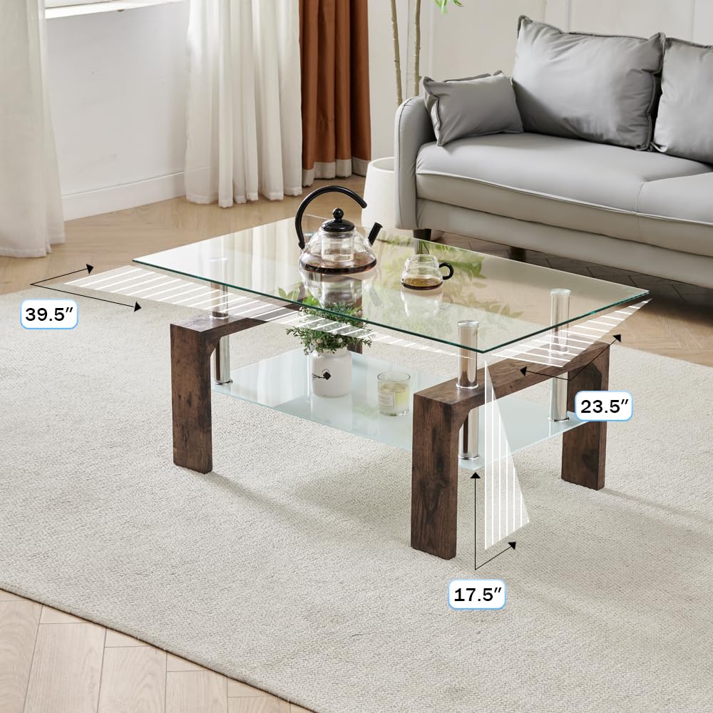 Modern Rectangle Coffee Table for Living Room, Brown Glass Tea Table with Wooden Legs & Lower Storage Shelf, Stylish Center Table for Home, Office, or Waiting Room