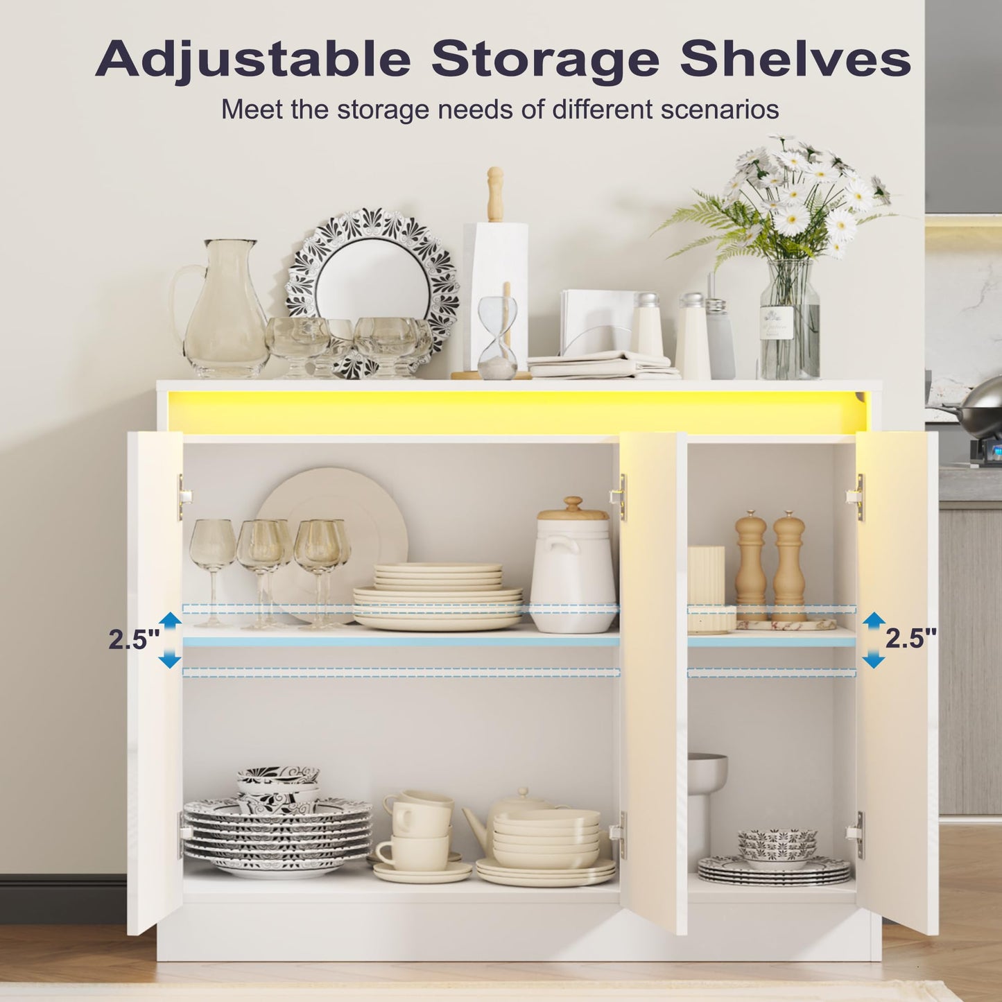 High Gloss Buffet Cabinet with LED Lights and Charging Station, Modern Handleless Sideboard Coffee Bar with 3 Doors for Living Room or Entryway, White