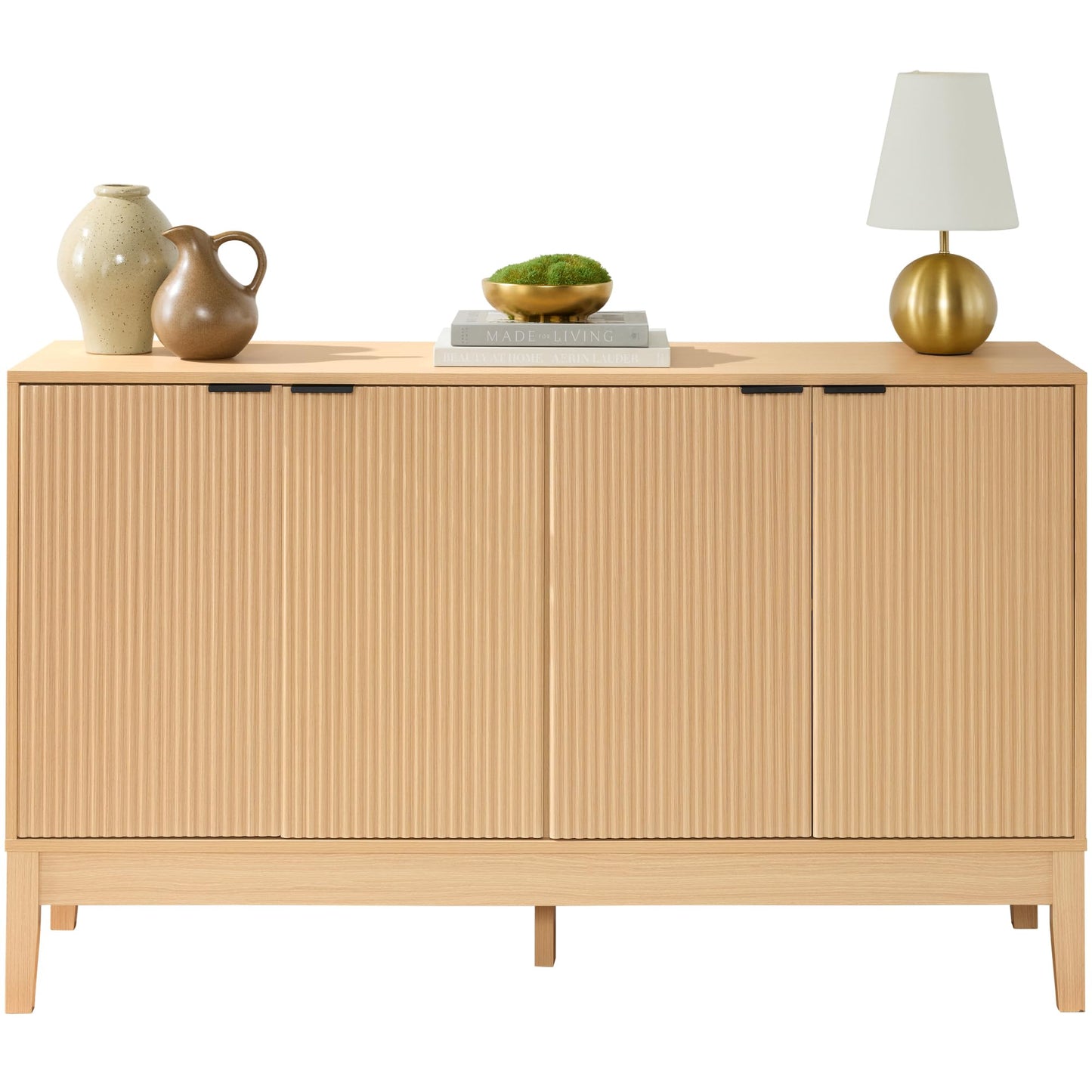 Modern 55" 4-Door Sideboard Storage Cabinet with Reed Panels and Adjustable Shelves, Buffet Media Cabinet for Entryway or Living Room, Natural
