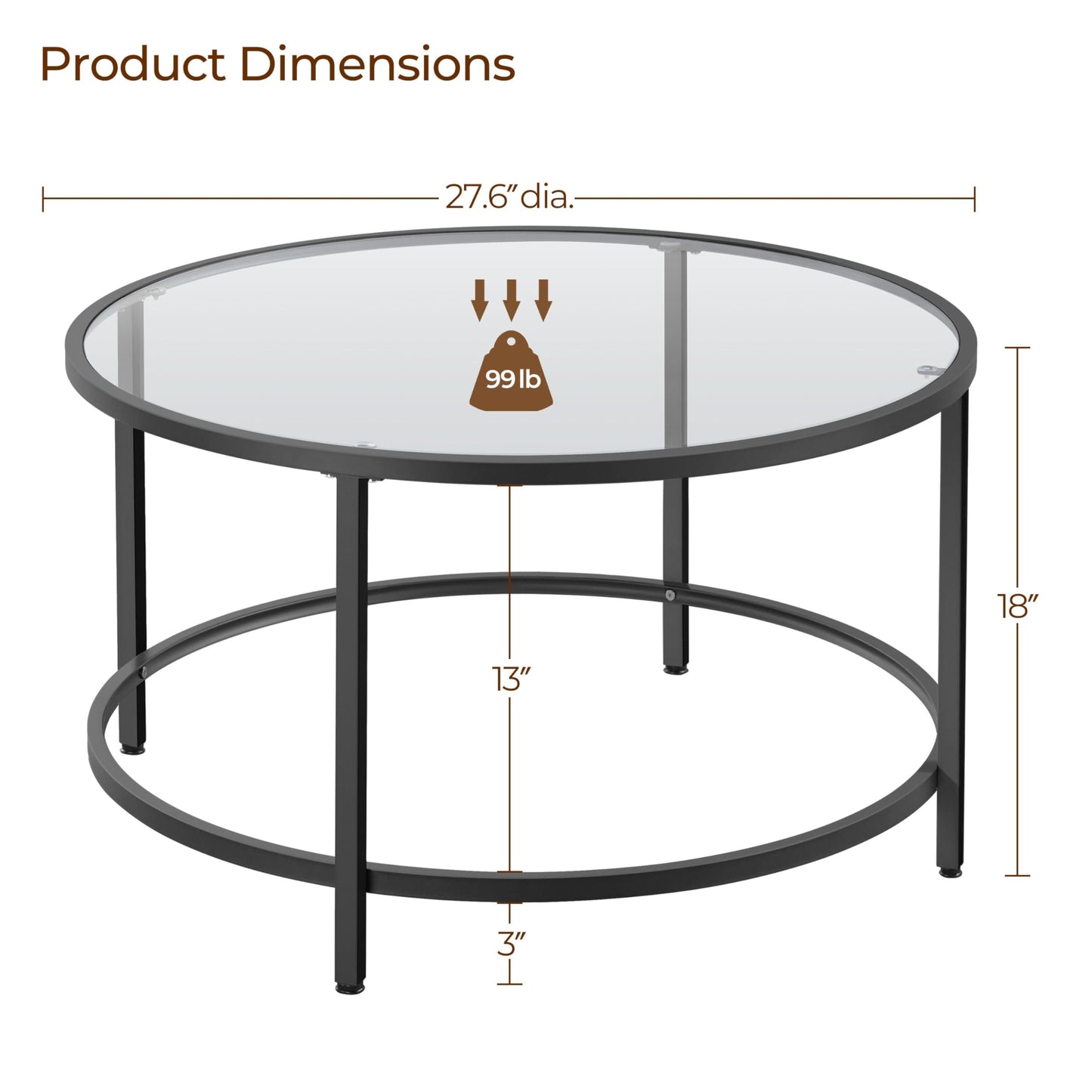 27.6" Round Glass Coffee Table with Black Metal Frame for Living Room, Office, or Apartment