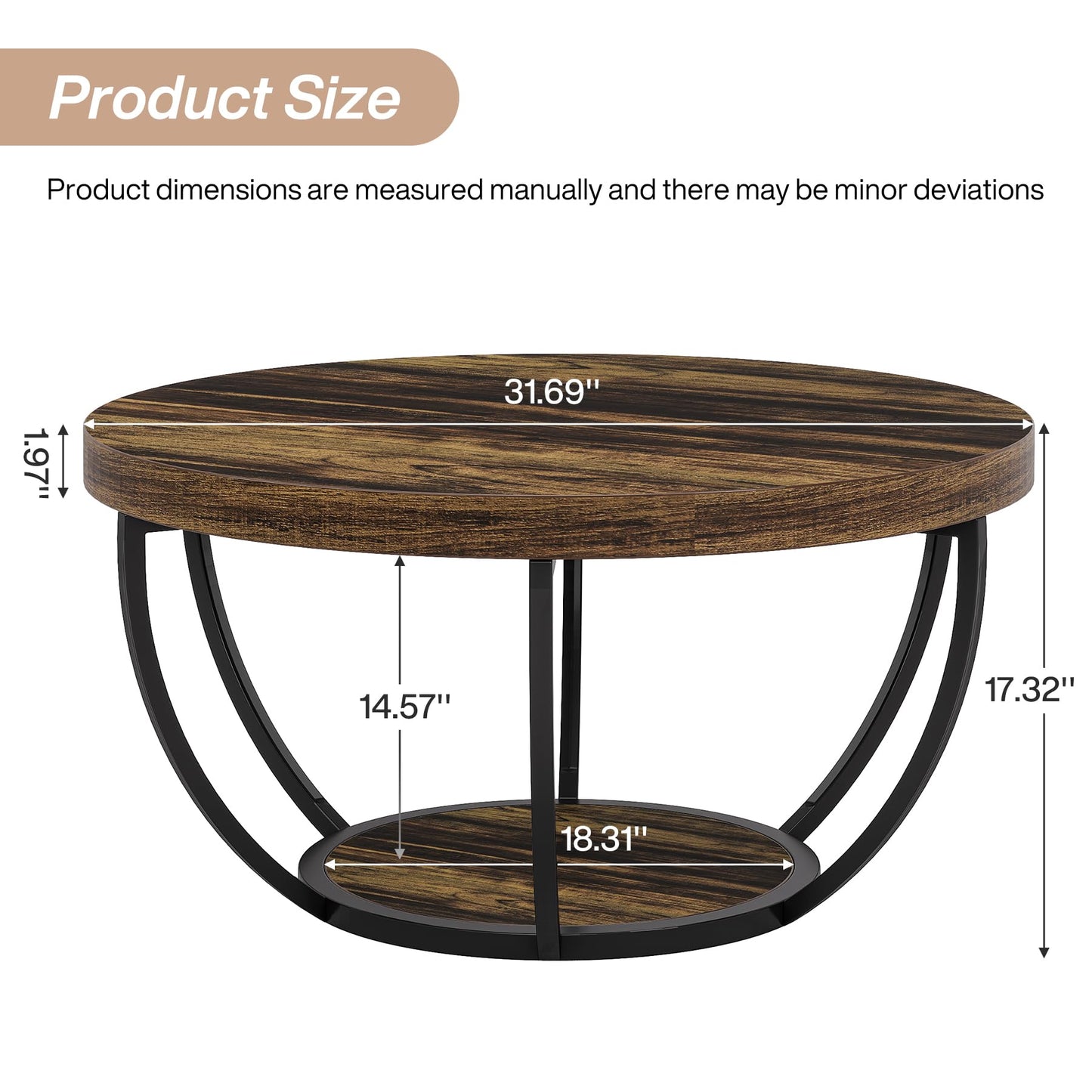 Tribesigns 31.7" Round Coffee Table, Modern 2-Tier Wooden Circle Coffee Table with Storage Shelves, Rustic Brown Accent Cocktail Center Table for Living Room