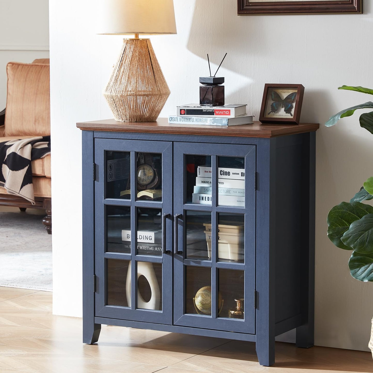 **32" Large Farmhouse Sideboard Buffet Cabinet with Storage, Wood Coffee & Wine Bar Cabinet with 2 Glass Doors, Mid-Century Modern Sideboard for Dining Room or Living Room, Navy Blue**