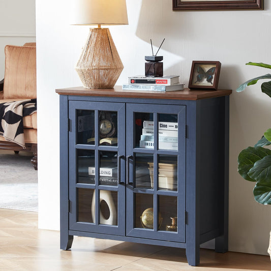 **32" Large Farmhouse Sideboard Buffet Cabinet with Storage, Wood Coffee & Wine Bar Cabinet with 2 Glass Doors, Mid-Century Modern Sideboard for Dining Room or Living Room, Navy Blue**