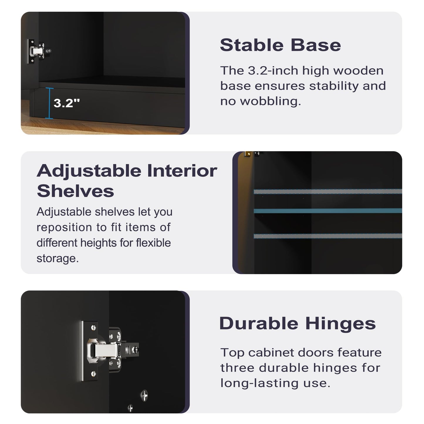 High Gloss Buffet Cabinet with LED Lights and Charging Station, Modern Handleless Sideboard Coffee Bar with 3 Doors for Living Room or Entryway, Black