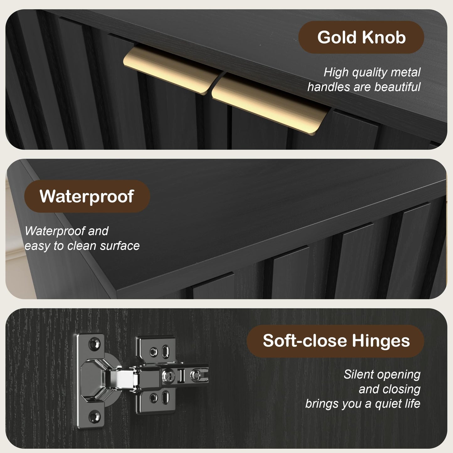 Fluted Buffet Cabinet with Door and Adjustable Shelves, Modern Sideboard Storage Cabinet for Kitchen, Living Room, or Hallway, Black