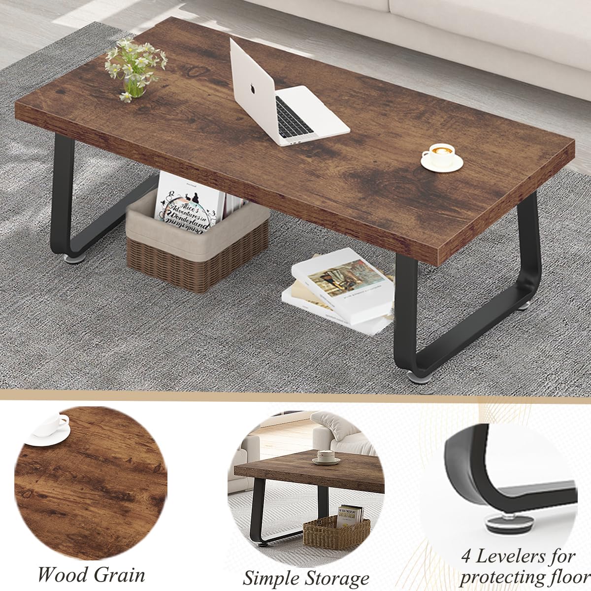 HSH 47" Rustic Brown Wooden Coffee Table – Industrial Rectangle Center Table, Modern Minimalist Farmhouse Wood and Metal Coffee Table for Living Room, Bedroom, or Home Office