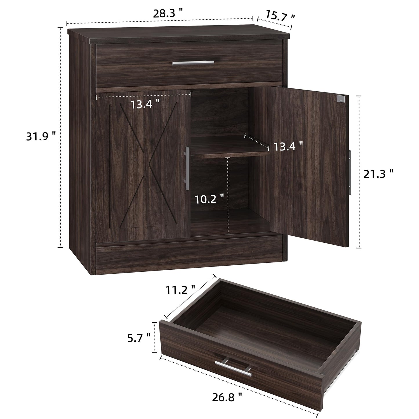 **Shintenchi Farmhouse Storage Cabinet with Doors, Shelves, and Drawers, Kitchen Barn Door Coffee Bar Sideboard for Dining Room, Living Room, Bathroom, or Entryway, Dark Brown**