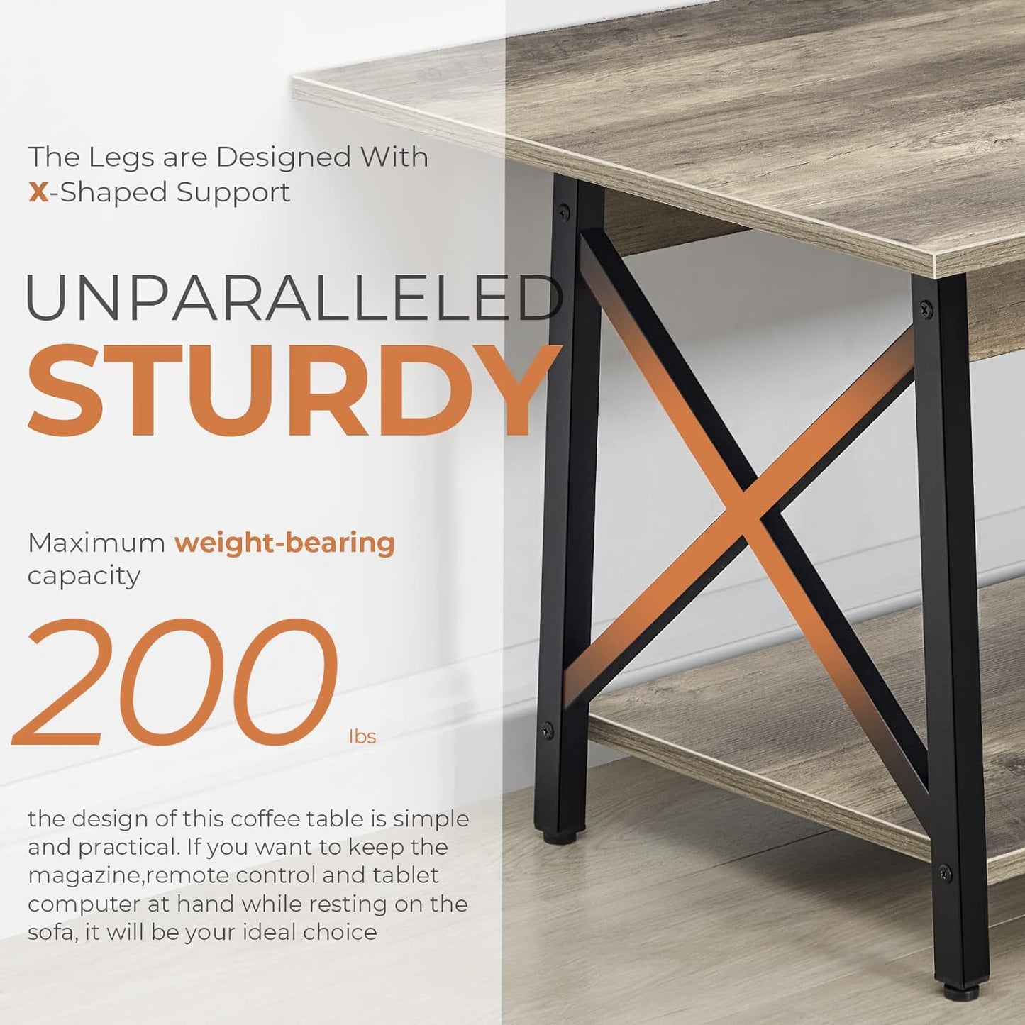 GreenForest 43" Large Modern Coffee Table – Grey Wash X-Frame Farmhouse Table with Storage, Space-Saving Center Table for Living Room, Easy Assembly