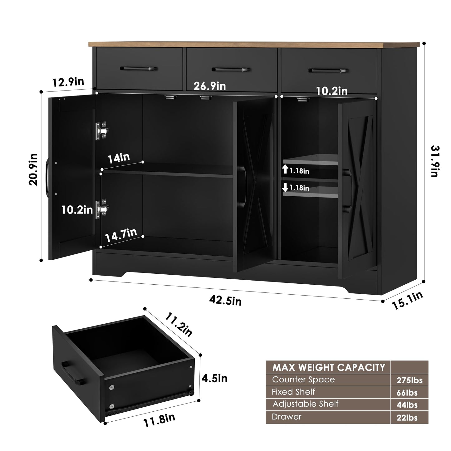 **HOSTACK Modern Farmhouse Buffet Sideboard Cabinet with Barn Doors, Drawers, and Shelves, Wood Coffee Bar Storage Cabinet for Dining Room, Kitchen, or Living Room, Ash Grey**